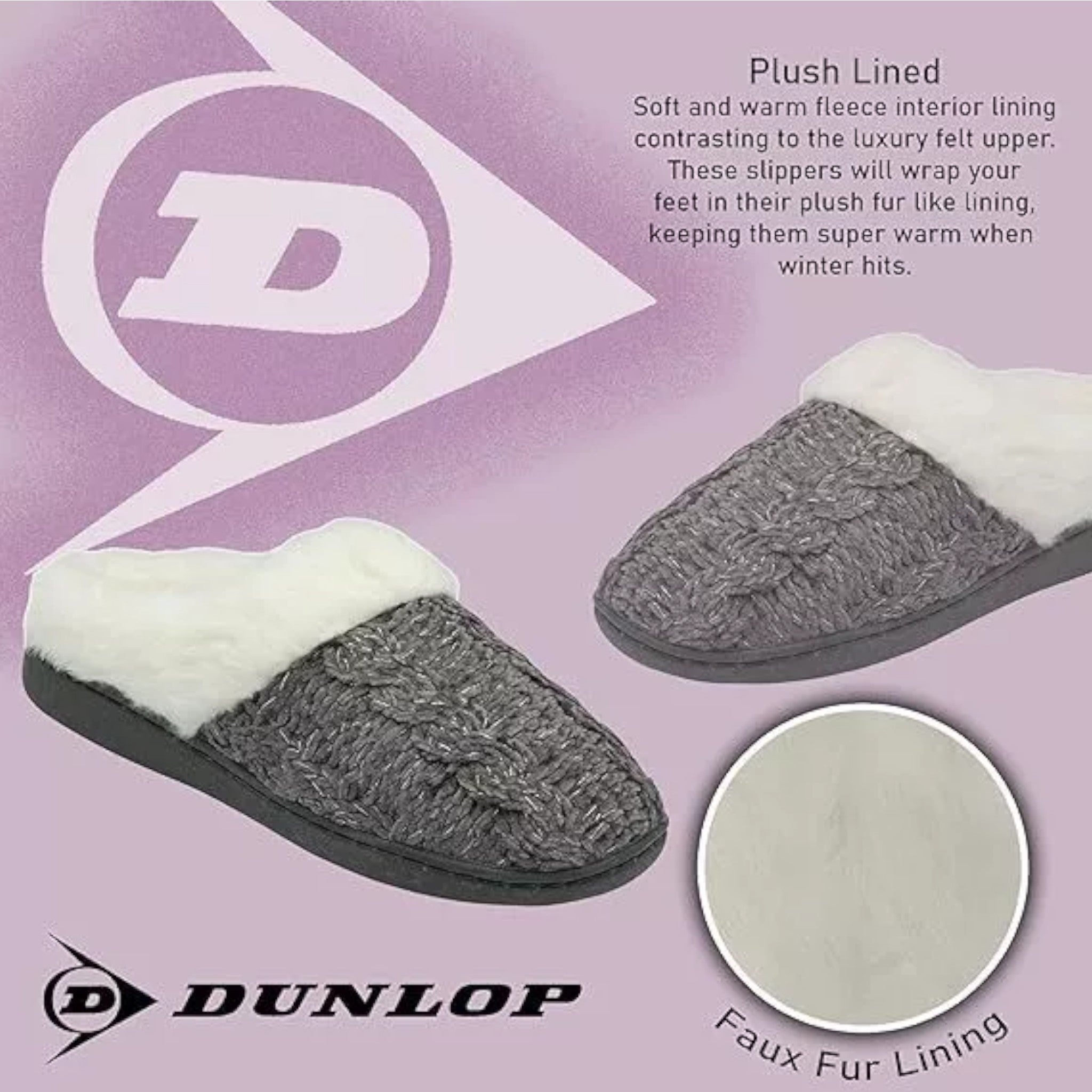 Ladies Comfortable Dunlop mule slippers for women with memory foam cushioned insole with plush lining